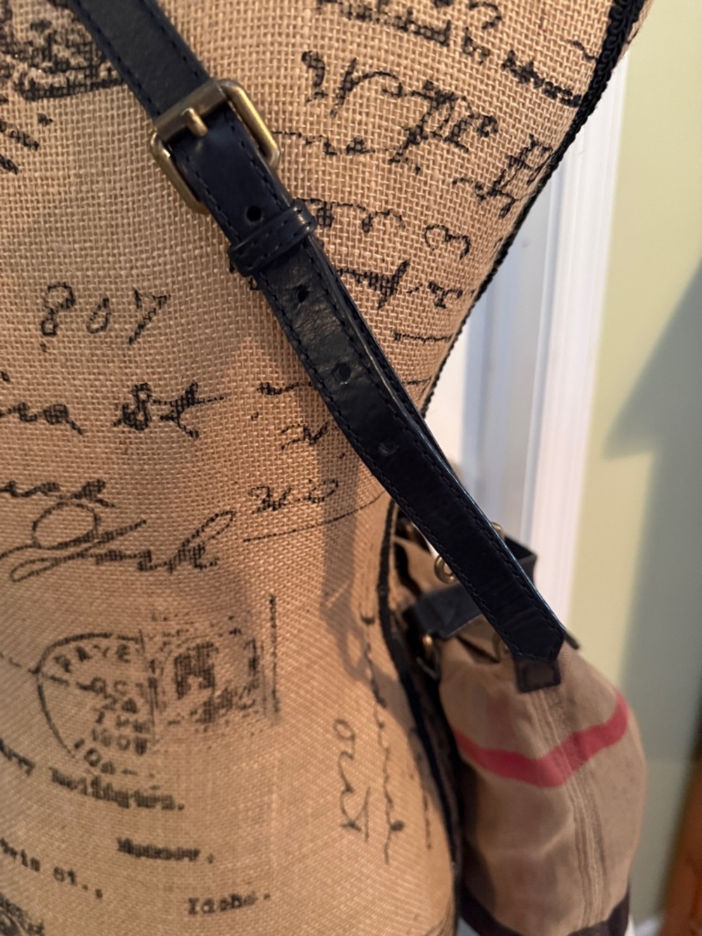 Burberry Beige Plaid Canvas Tote with Black Trim and Red Accent - Picture 4 of 12